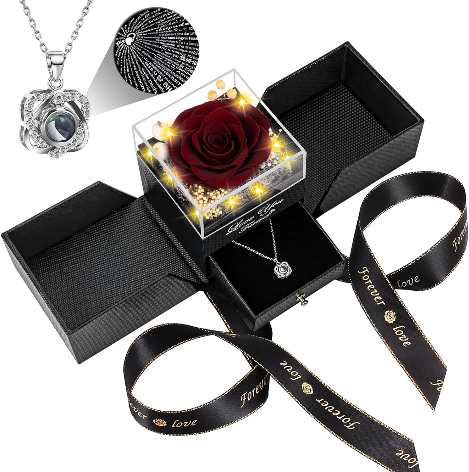 Perserved Wine Red Real Rose Necklace A